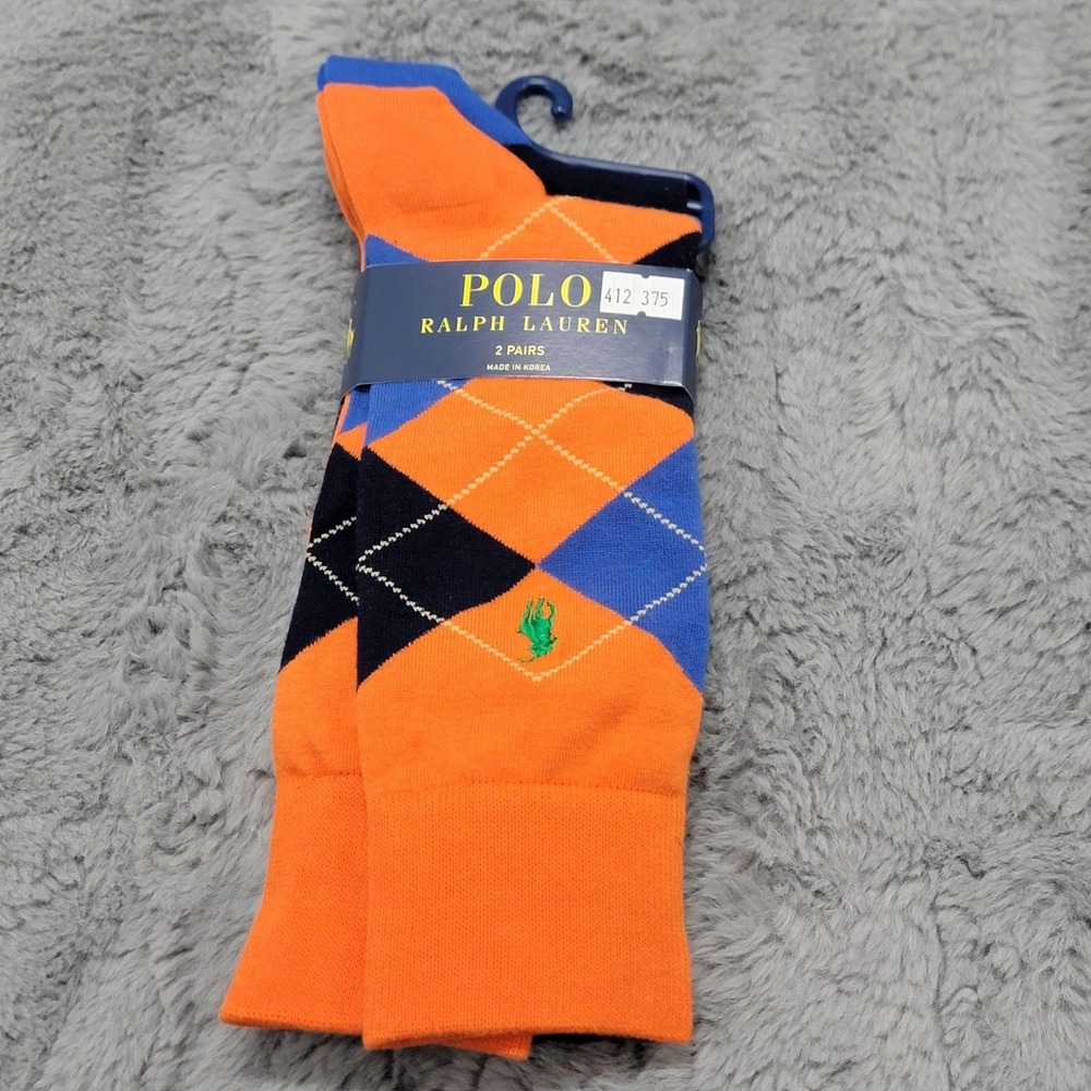Polo Ralph Lauren Socks Mens 10-13 Orange Argyle Pony Dress Mid Calf 2 Pairs